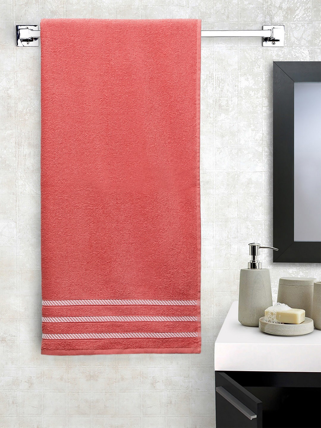 Trident Peach-Colored & White Solid 380 GSM Bath Towel