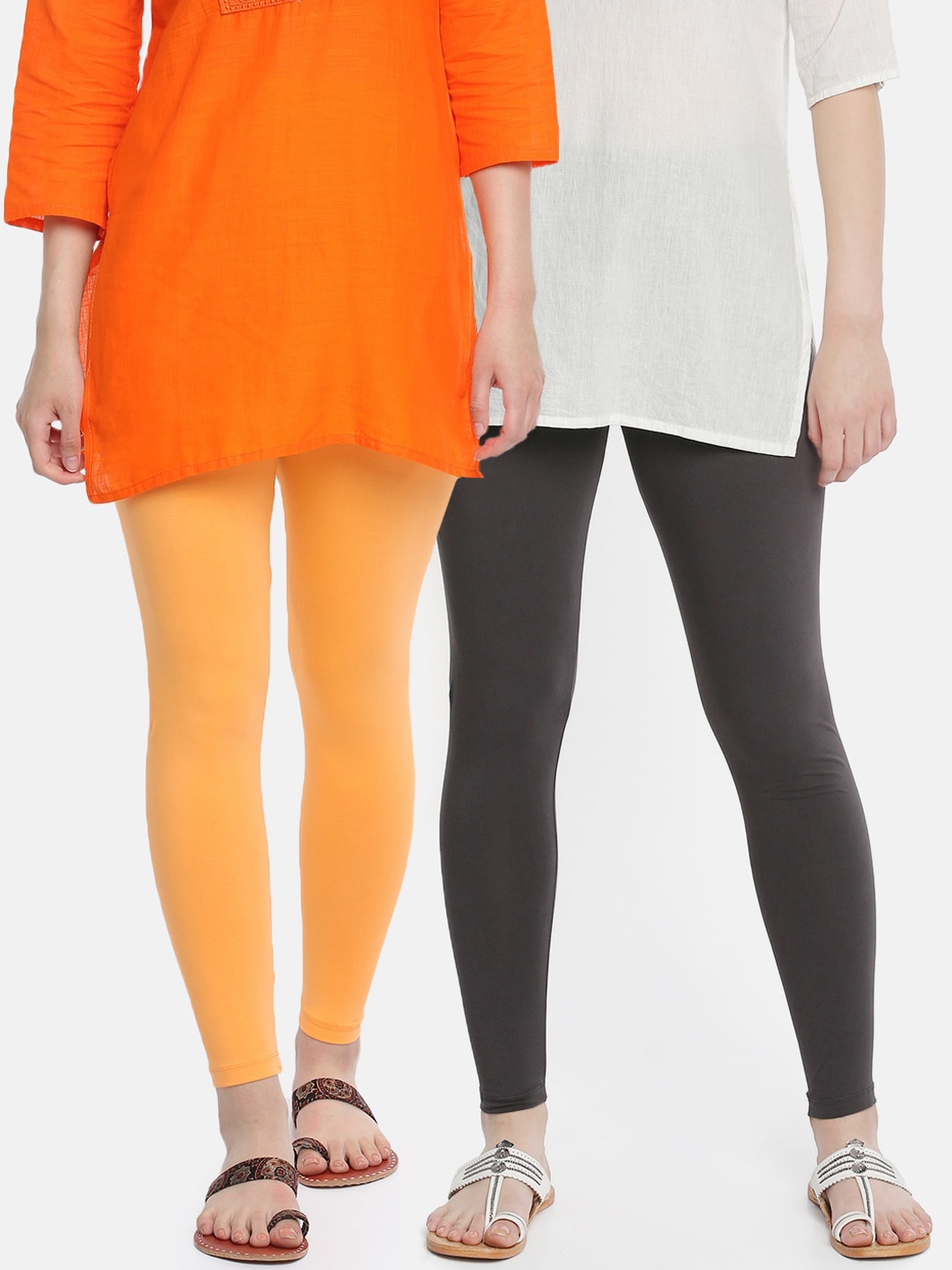 Dollar Missy Women Pack Of 2 Solid Ankle-Length Leggings, Orange