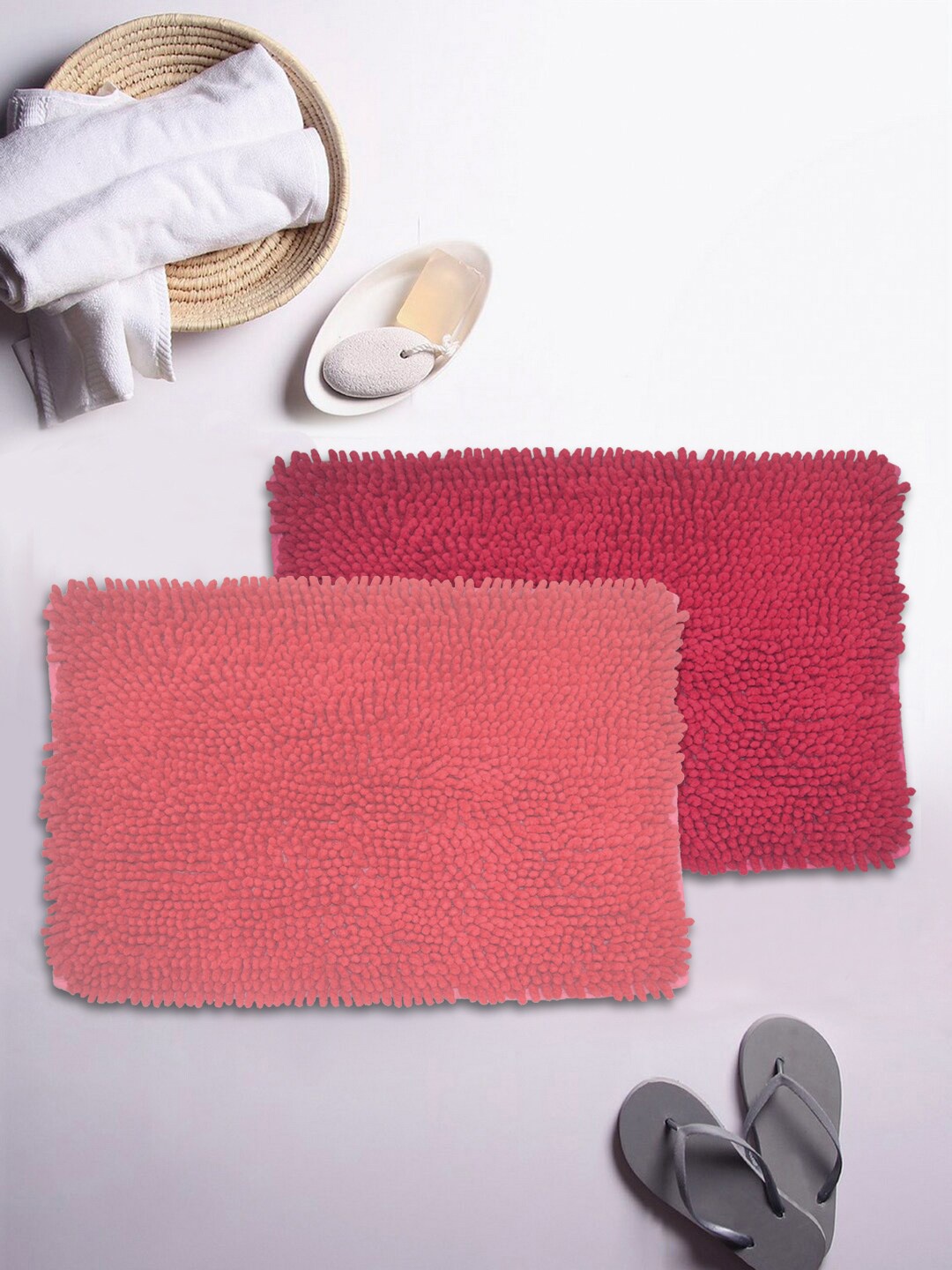 

BIANCA Set Of 2 Mushroom Textured Shaggy Anti-Skid Bath Rugs, Coral