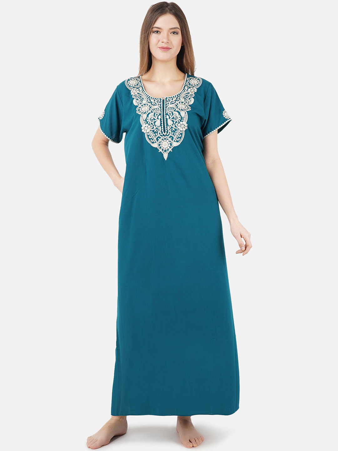 

KOI SLEEPWEAR Teal Blue & White Embroidered Lissybissy Cotton Maxi Nightdress