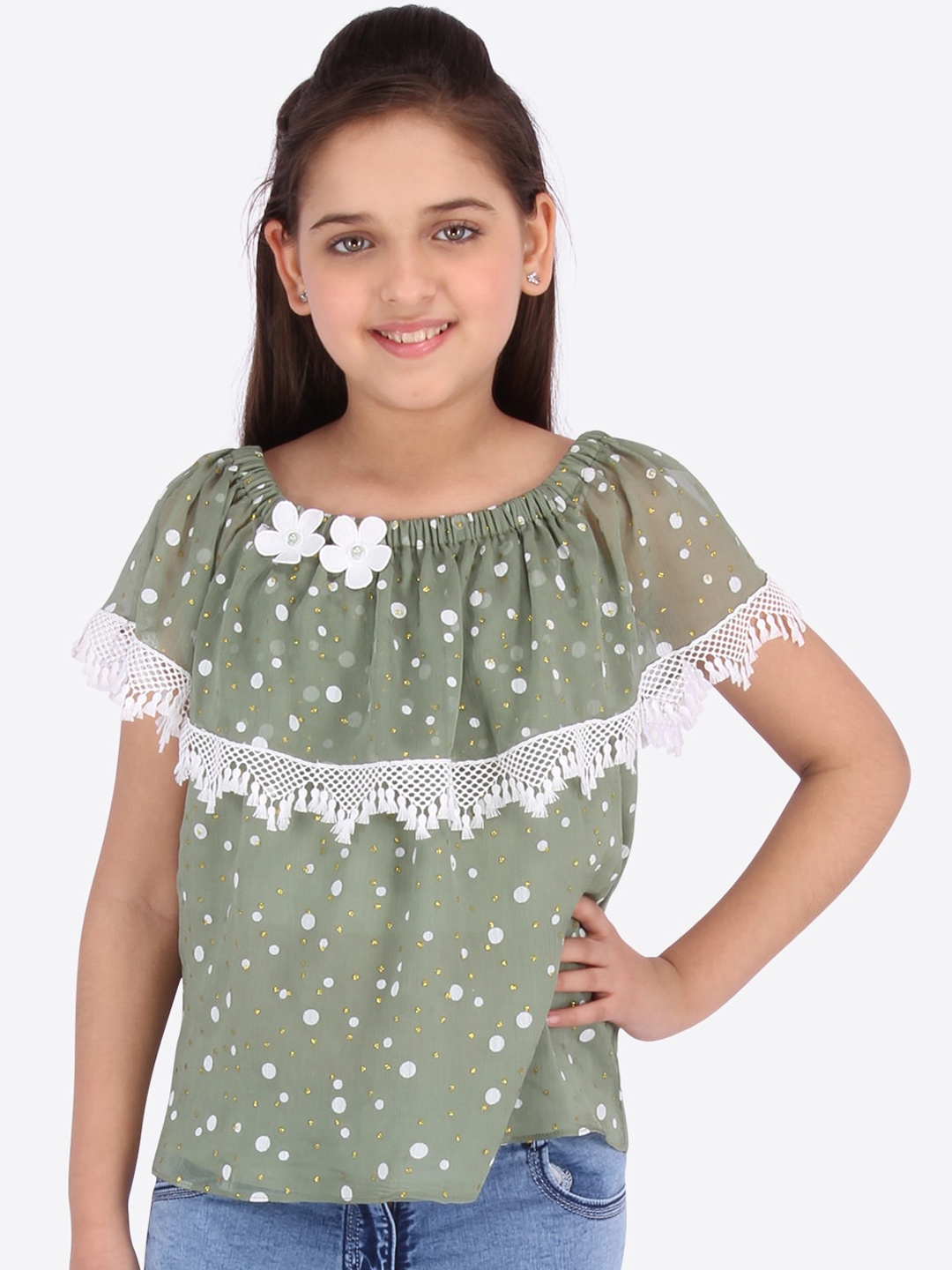 

CUTECUMBER Girls Green Printed Georgette Top