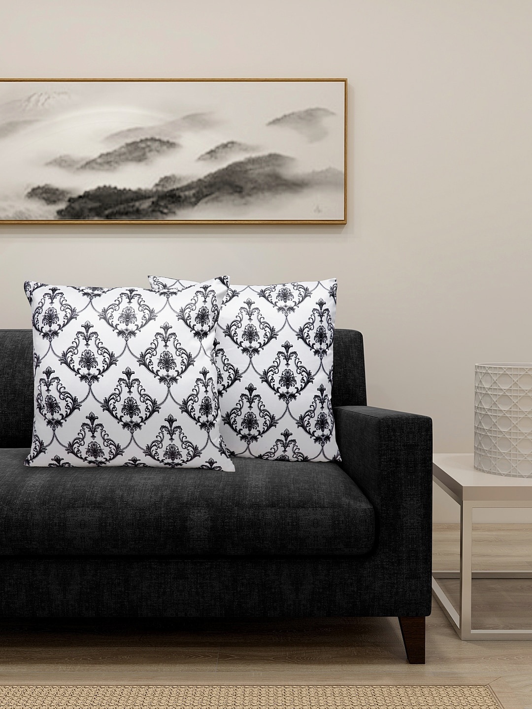 DECOREALM White & Black Set of 2 Ethnic Motifs Square Cushion Covers