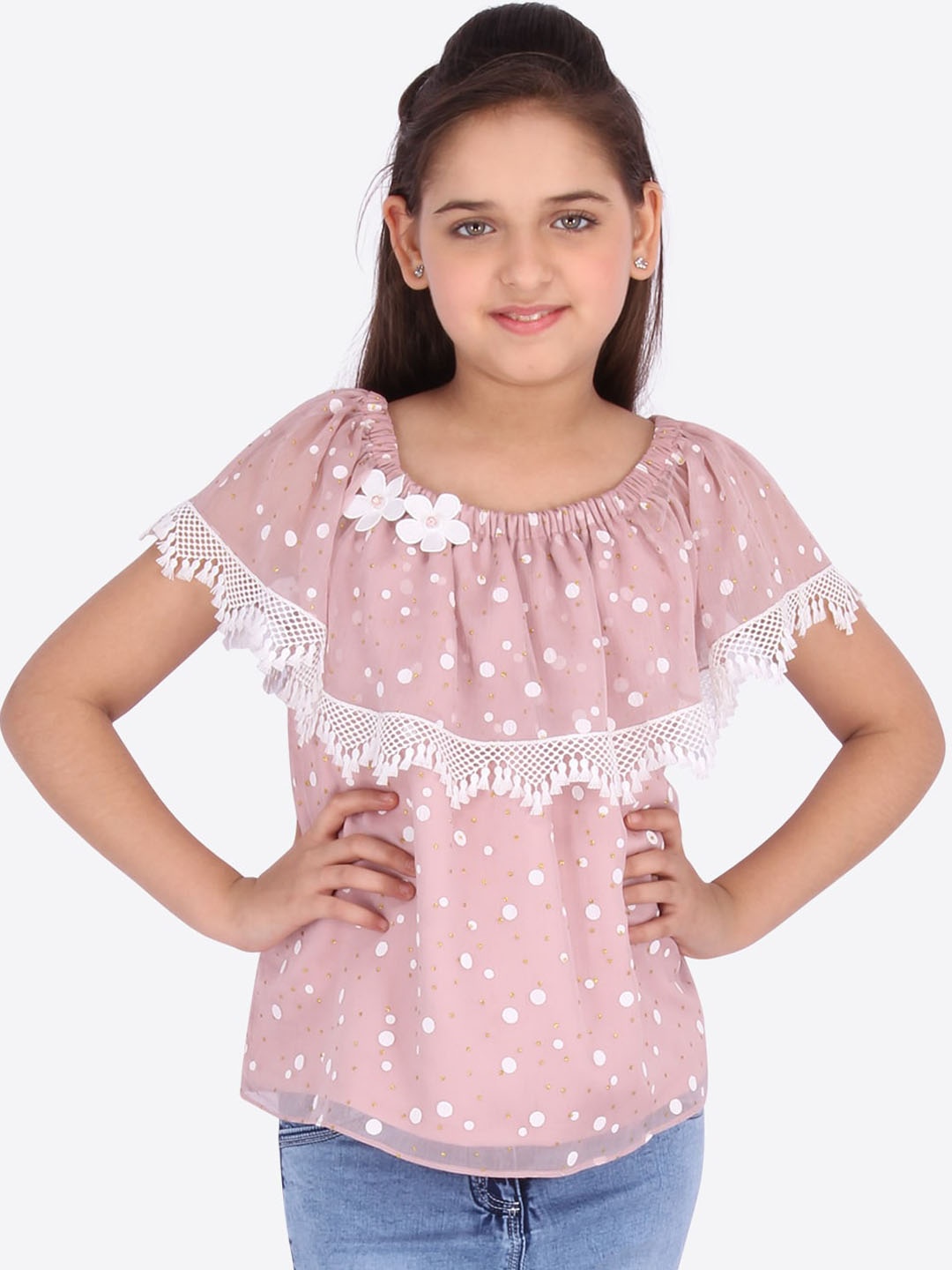 

CUTECUMBER Girls Pink & White Printed Georgette Cape Top