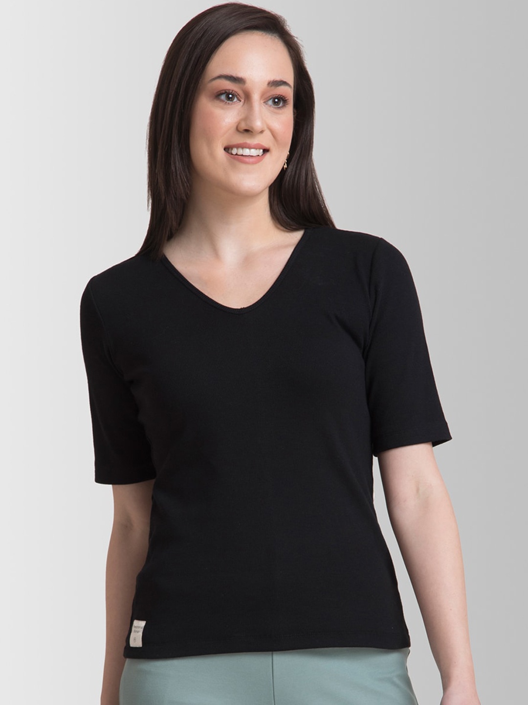 FableStreet Women Black LivIn Solid V-Neck T-shirt
