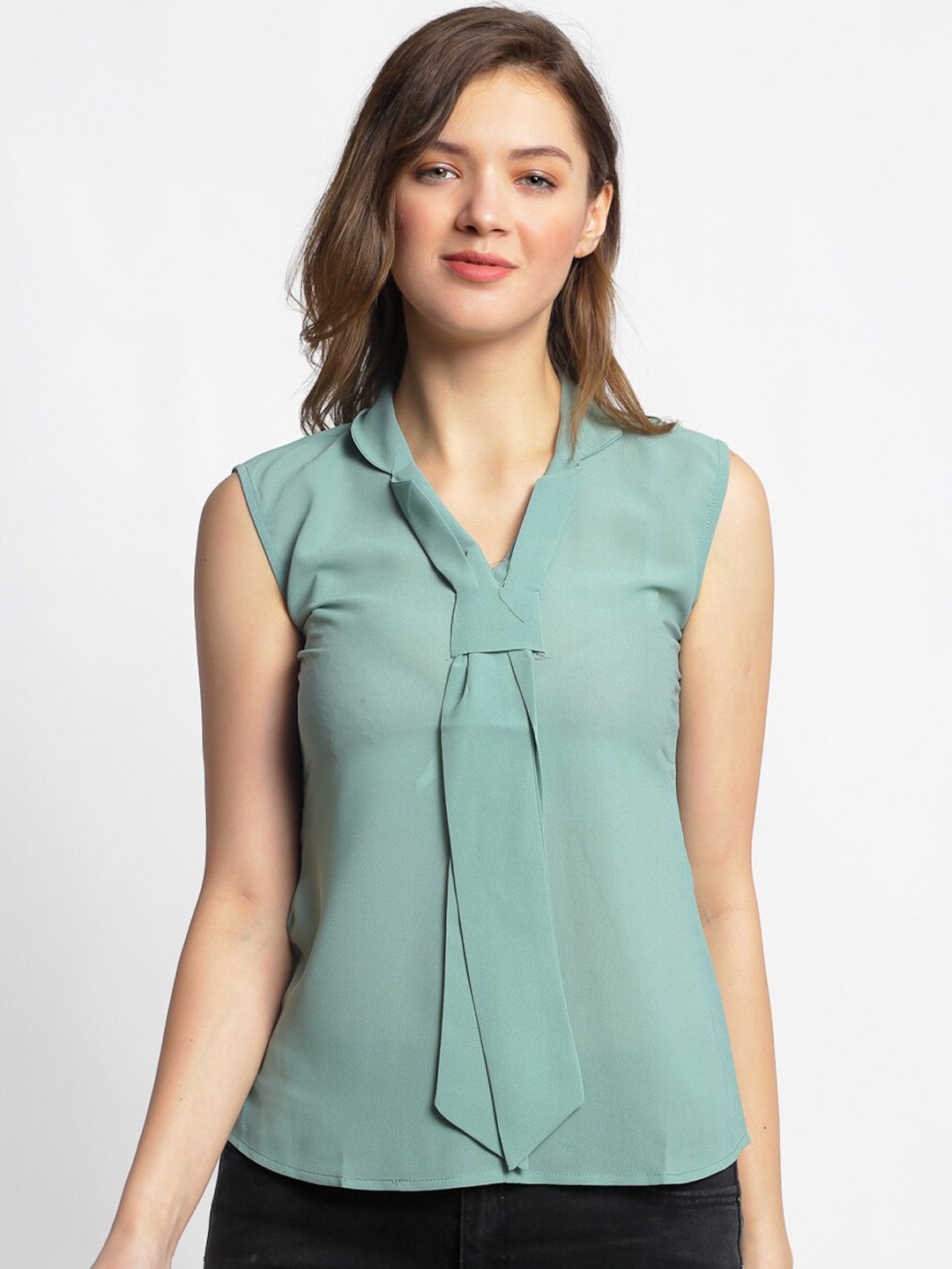 

klauressa Green Tie-Up Neck Crepe Shirt Style Top