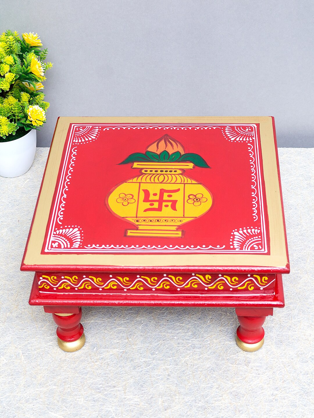 

Golden Peacock Red & Yellow Hand Painted Pooja Chowki