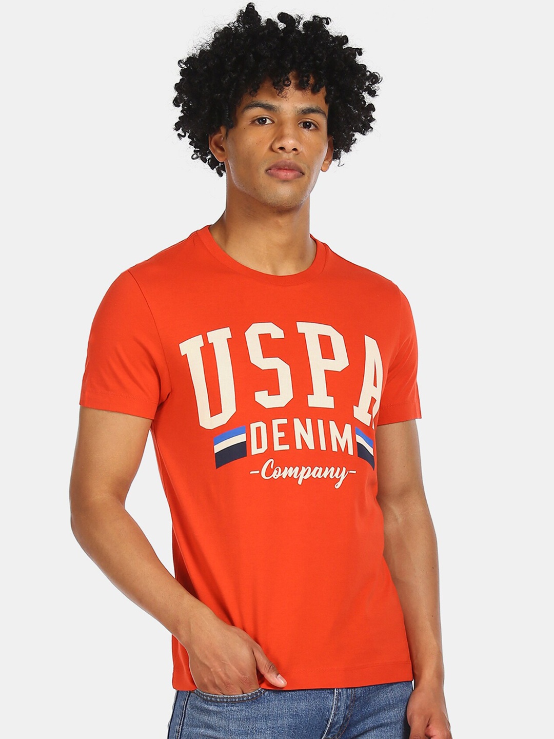 U.S. Polo Assn. Denim Co. Men Orange & Off-White Printed Round Neck T-shirt