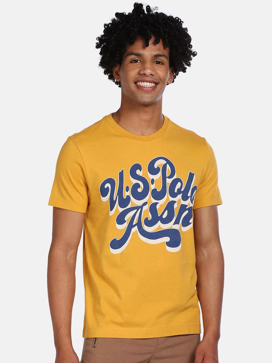 

U.S. Polo Assn. Denim Co. Men Mustard Yellow Blue Printed Round Neck Cotton Pure Cotton T-shirt