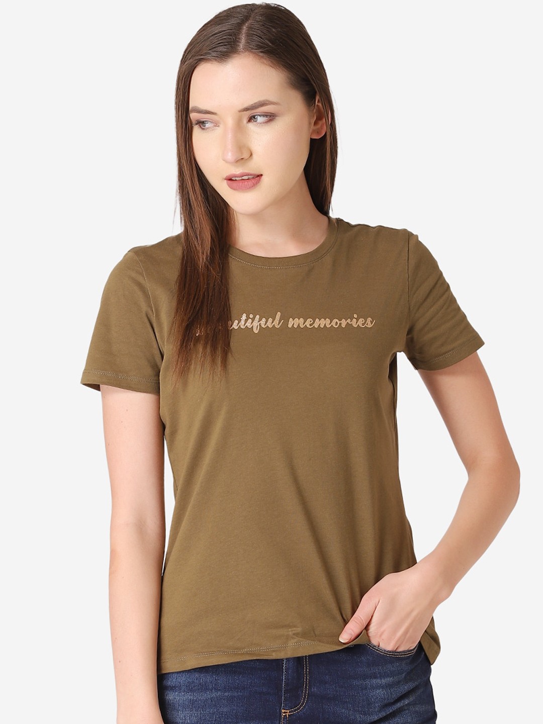 

Mode by Red Tape Women Olive Green Printed Round Neck T-shirt