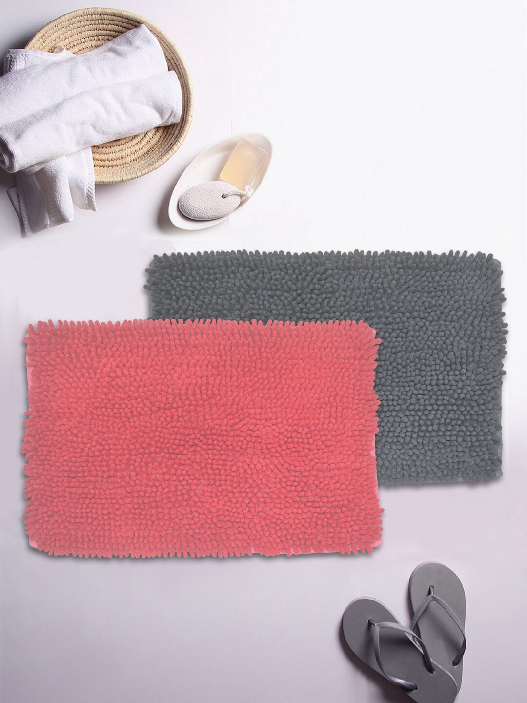 BIANCA Set Of 2 Mushroom Texture Non-Slip Shaggy Bath Rugs, Red
