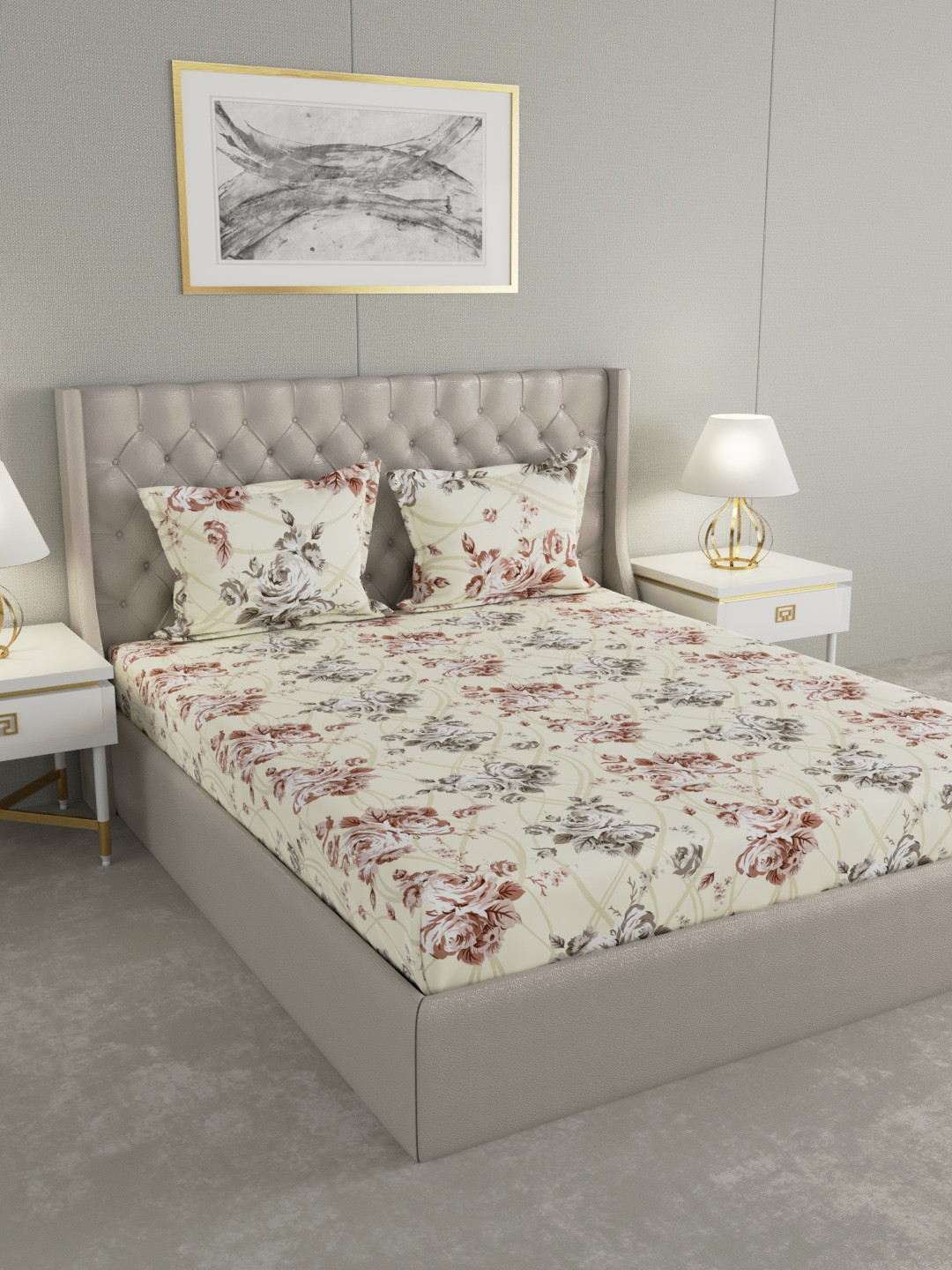

Raymond Home Yellow & Brown Floral 120 TC Cotton 1 Queen Bedsheet with 2 Pillow Covers