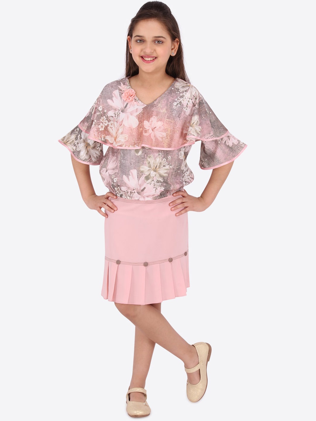 

CUTECUMBER Girls Pink & Grey Printed Top with Skirt