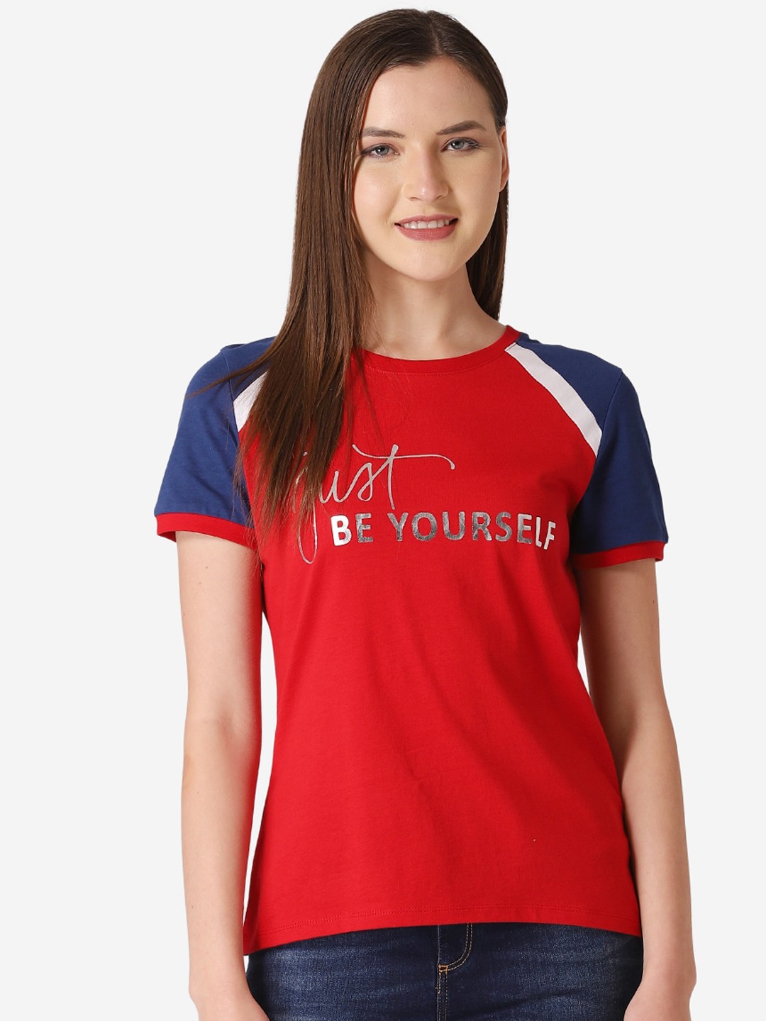 

Mode by Red Tape Women Red & Navy Blue Printed Round Neck Cotton T-shirt
