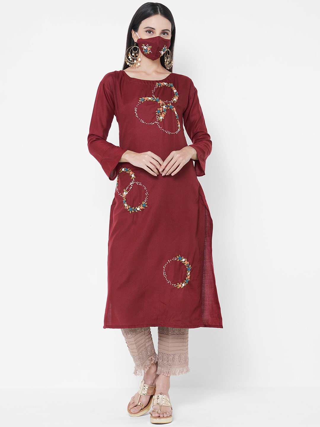 

Fashor women red floral embroidered kurta