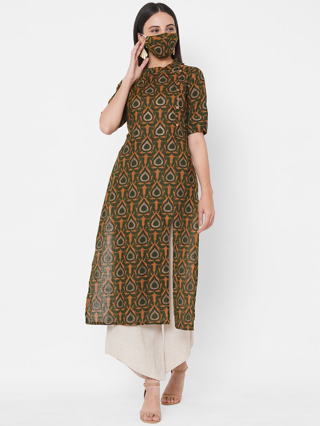 

FASHOR Women Olive Green Ethnic Motifs Printed Kurta