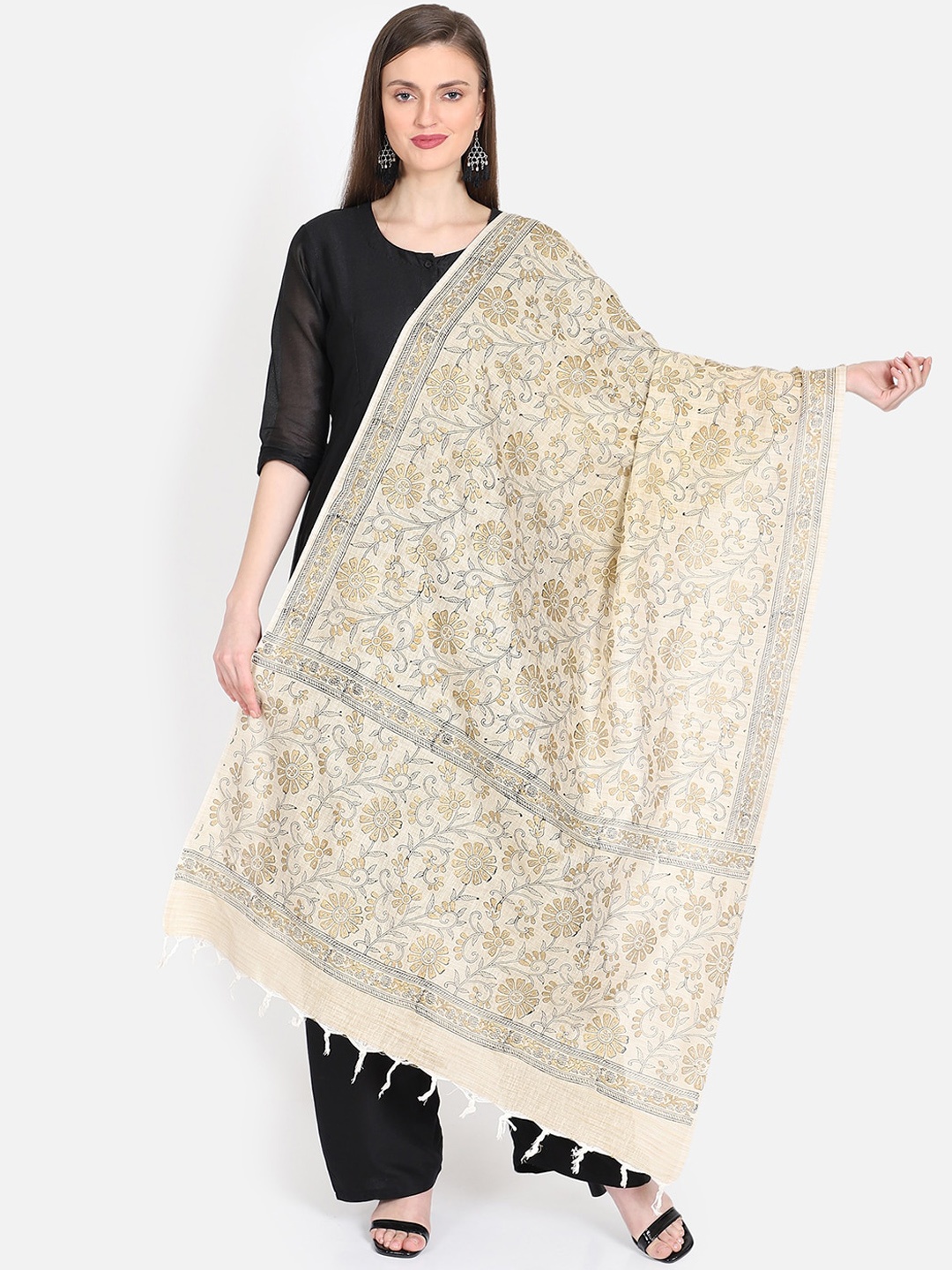 

THE WEAVE TRAVELLER Women Beige & Black Khari Printed Dupatta