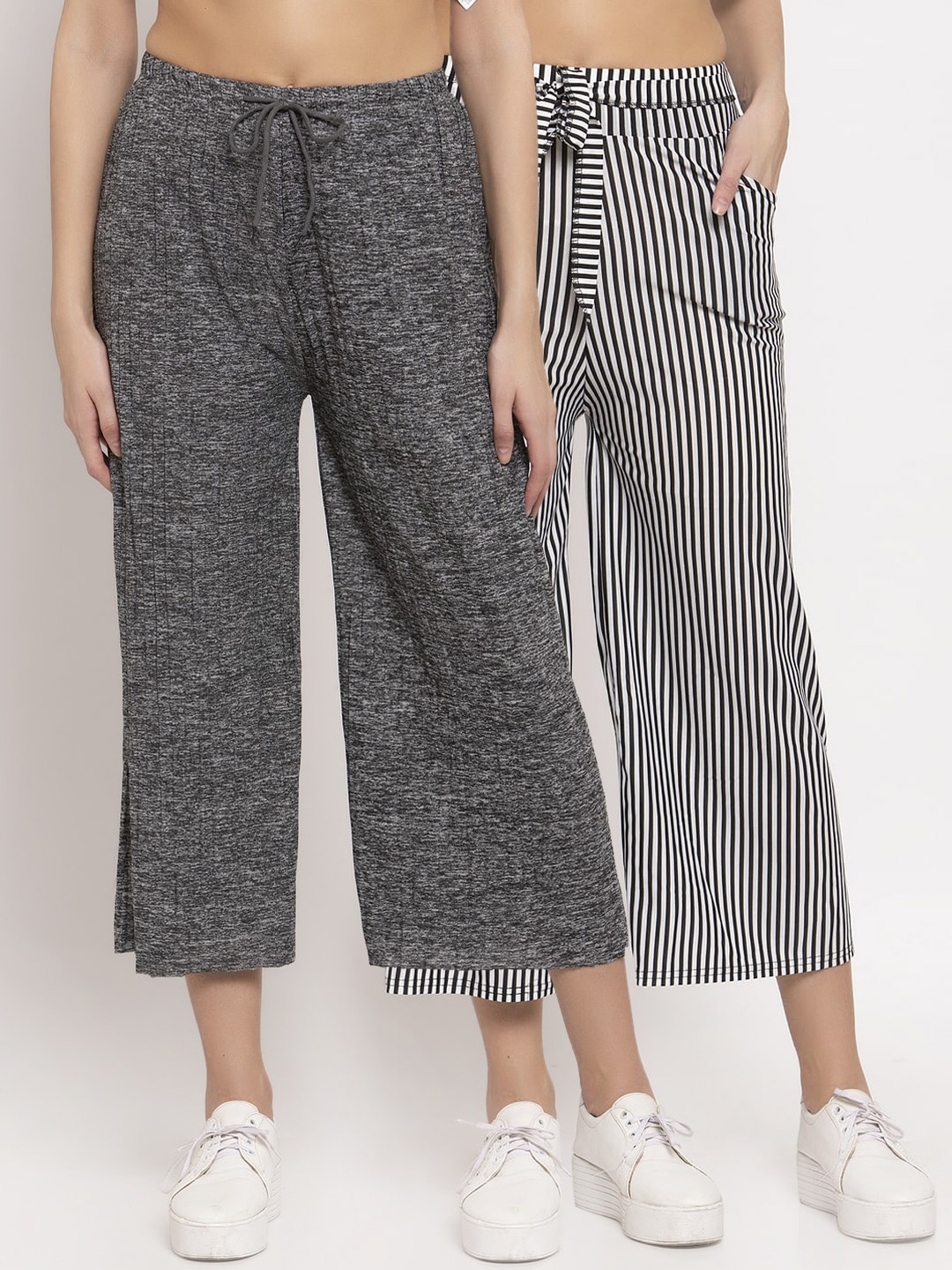 

KLOTTHE Women Pack of 2 Black & Grey Striped Wide Leg Palazzos