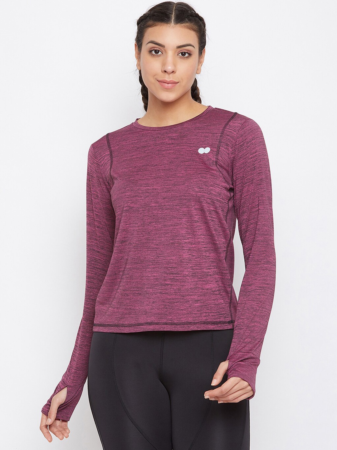 

Clovia Women Purple Solid Round Neck Slim Fit Activewear T-shirt