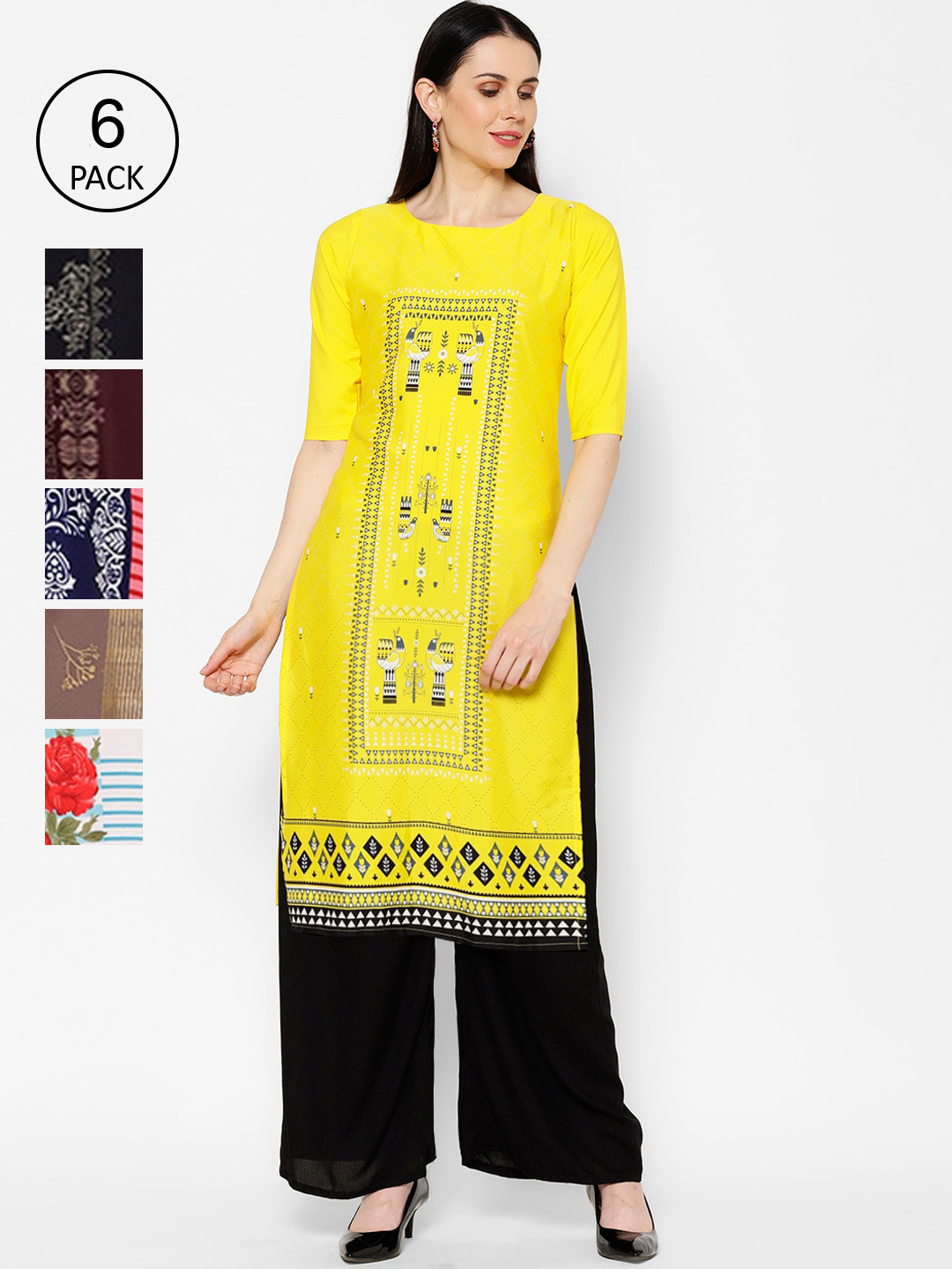 

7Threads Women Pack of 6 Ethnic Motifs Printed Crepe Kurta, Multi