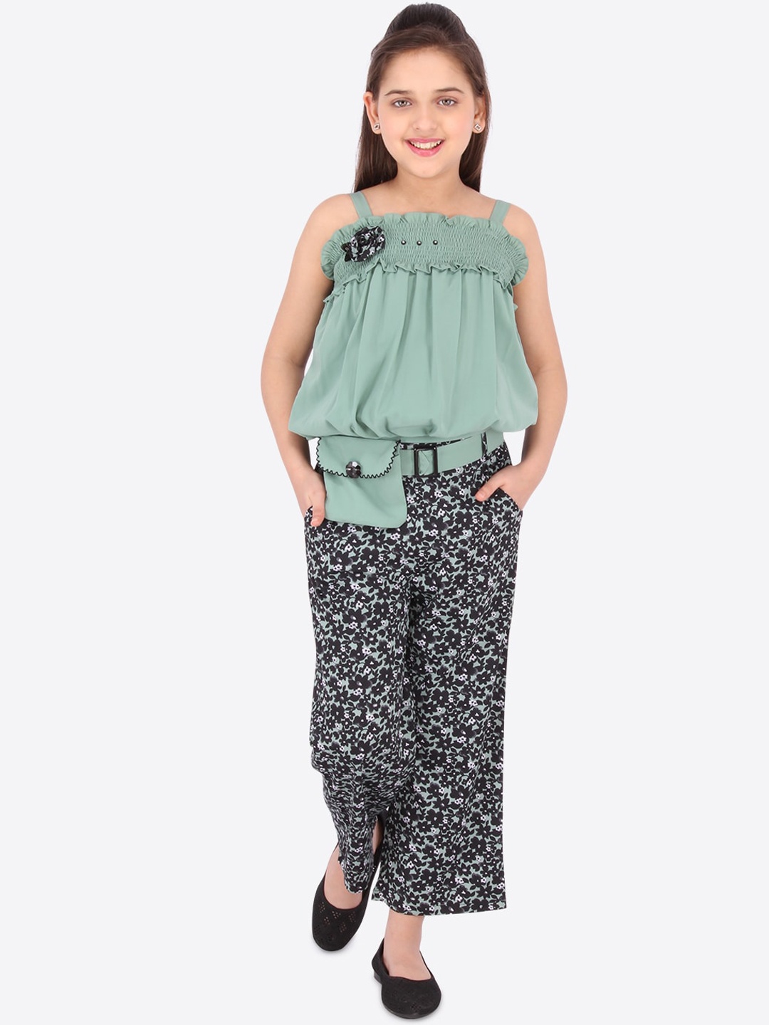 

CUTECUMBER Girls Teal & Black Embellished Top with Trousers
