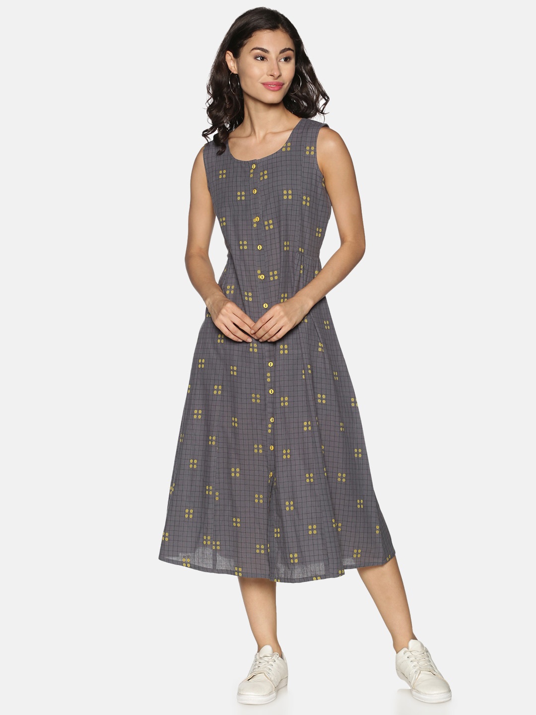 Saffron Threads Women Grey Checked A-Line Dress