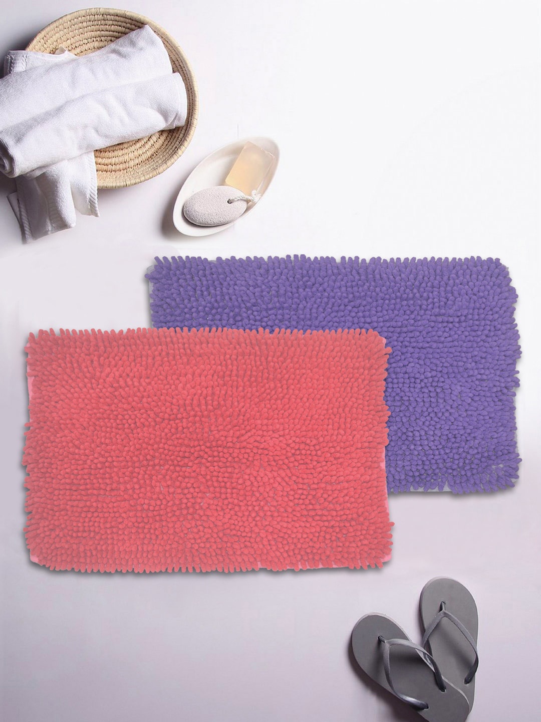 

BIANCA Set of 2 Mushroom Texture Non-Slip Shaggy Bath Rugs, Coral