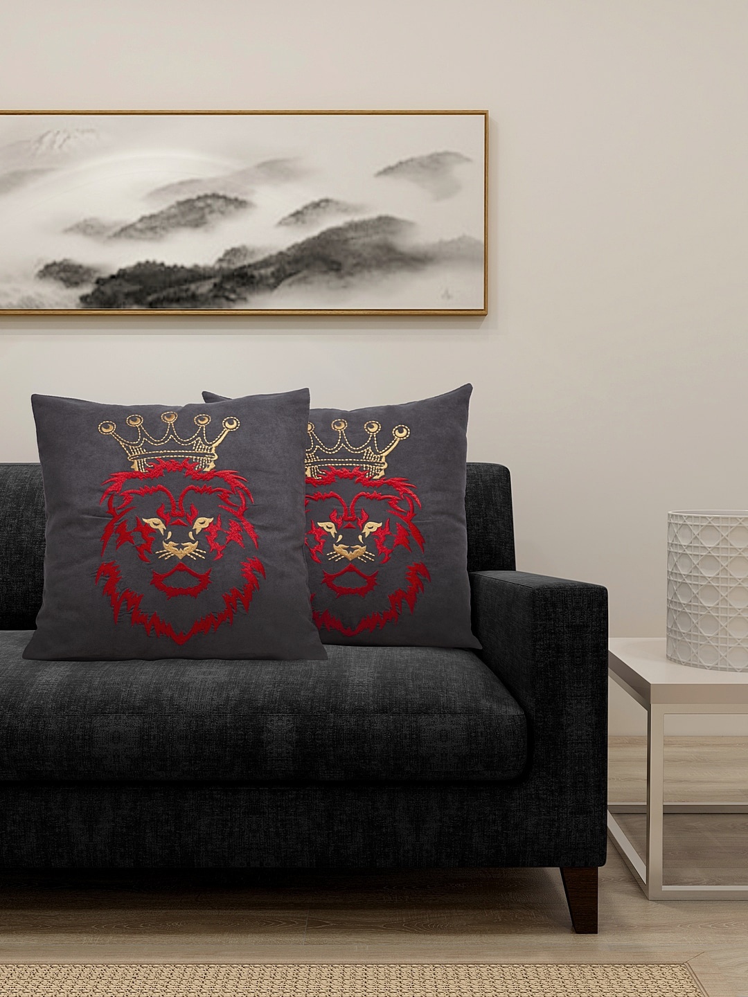 

DECOREALM Grey & Red Set of 2 Embroidered Square Cushion Covers