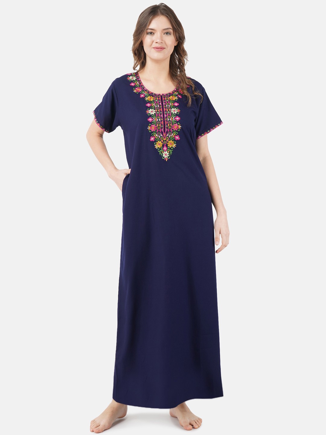 

KOI SLEEPWEAR Navy Blue & Pink Embroidered Lissybissy Cotton Maxi Nightdress