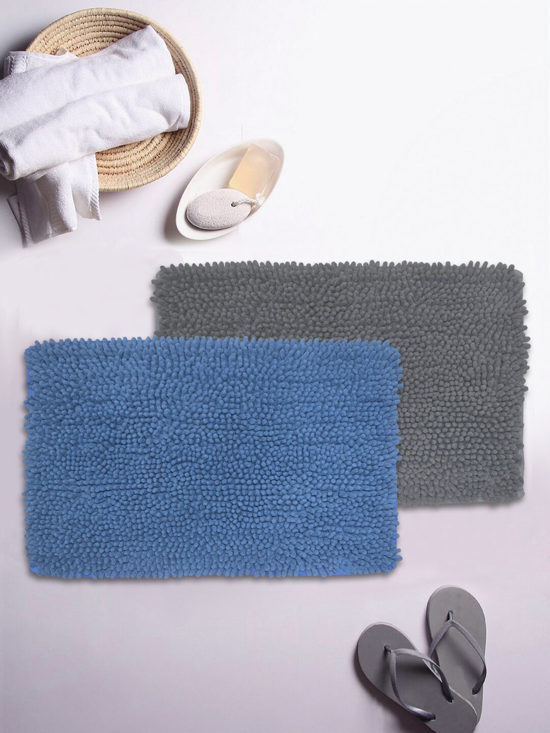 

BIANCA Set Of 2 Mushroom Texture Non-Slip Shaggy Bath Rugs, Blue