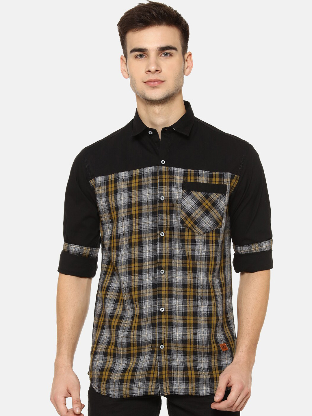 

Campus Sutra Men Black & Yellow Regular Fit Checked Casual Shirt
