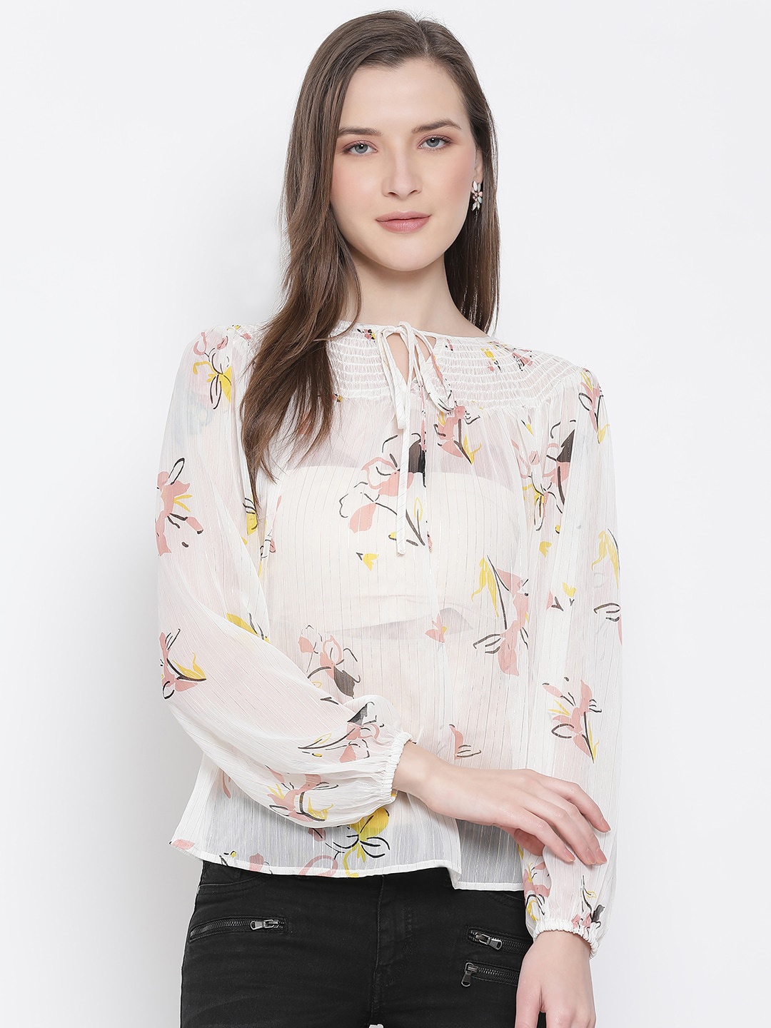 Oxolloxo White Floral Printed Tie-Up Neck Puff Sleeves Top