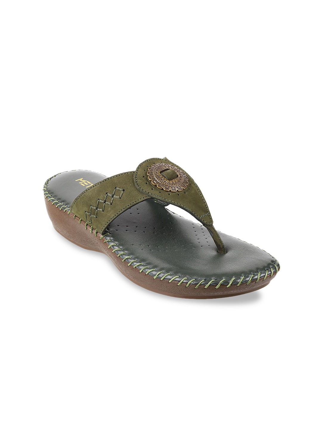 

Metro Women Olive Green Embellished Leather Comfort Heels