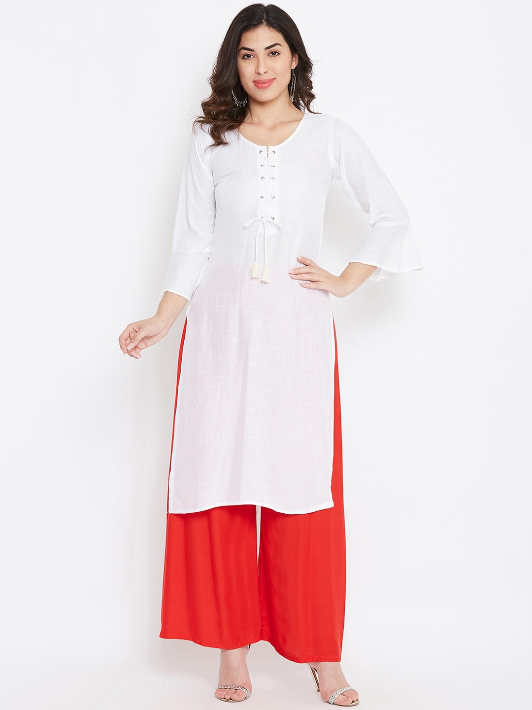Castle Women White Flared Sleeves Lace up Straight Kurta