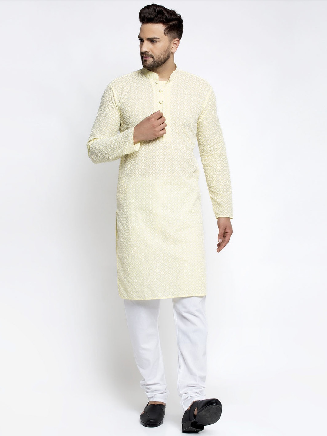 

Jompers Men Yellow & White Embroidered Kurta with Pyjamas