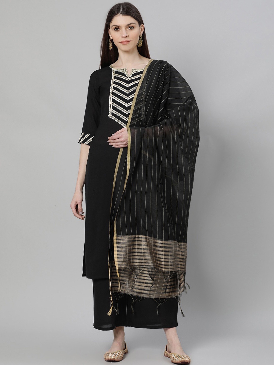 

Gerua By Libas Women Black Gold-Toned Yoke Design Kurta with Trousers Dupatta