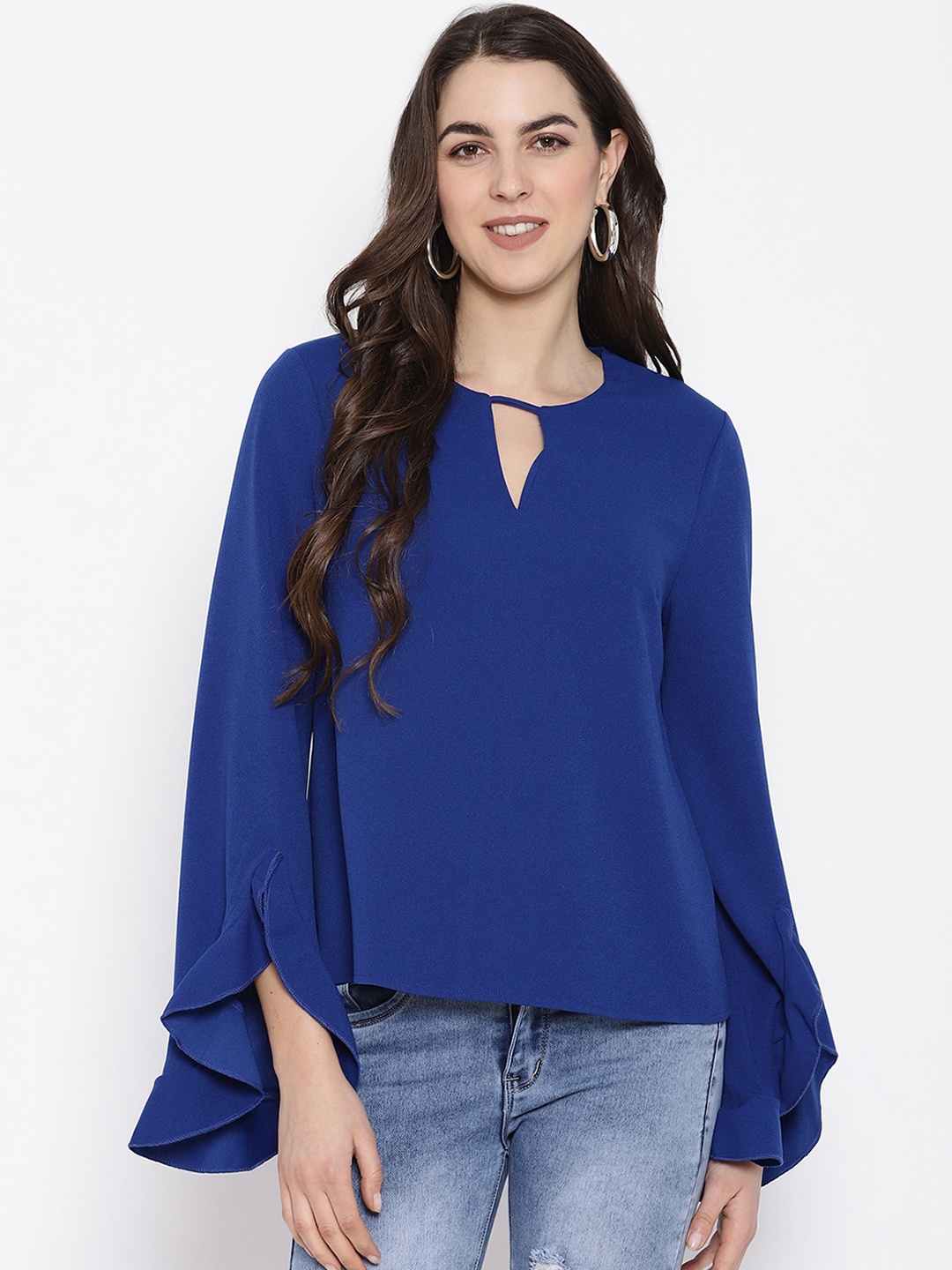 

iki chic Solid Blue Keyhole Neck Flared Sleeves Top