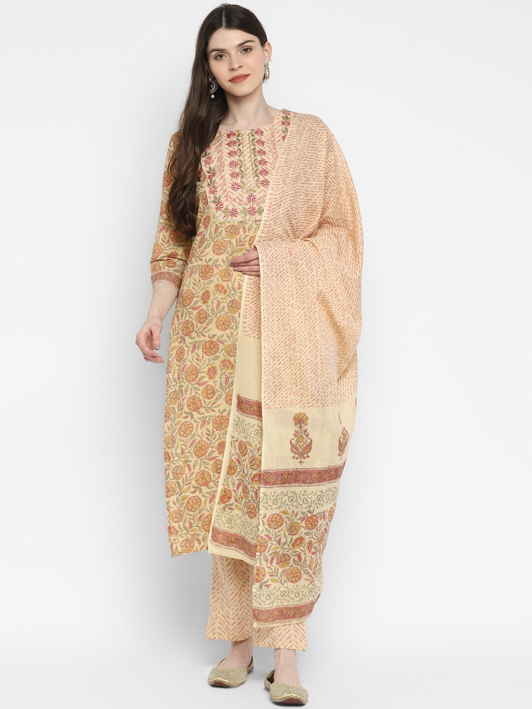 

Vbuyz Women Cream-Coloured & Pink Embroidered Kurta with Trousers & Dupatta