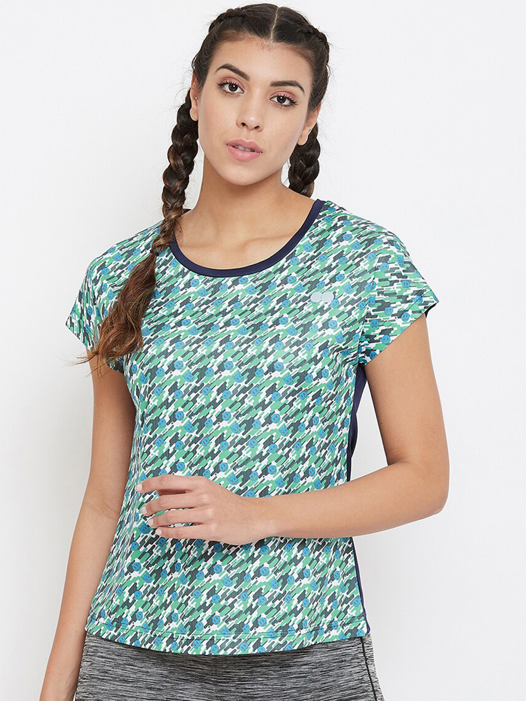 

Clovia Women Blue Printed Round Neck Sports T-shirt