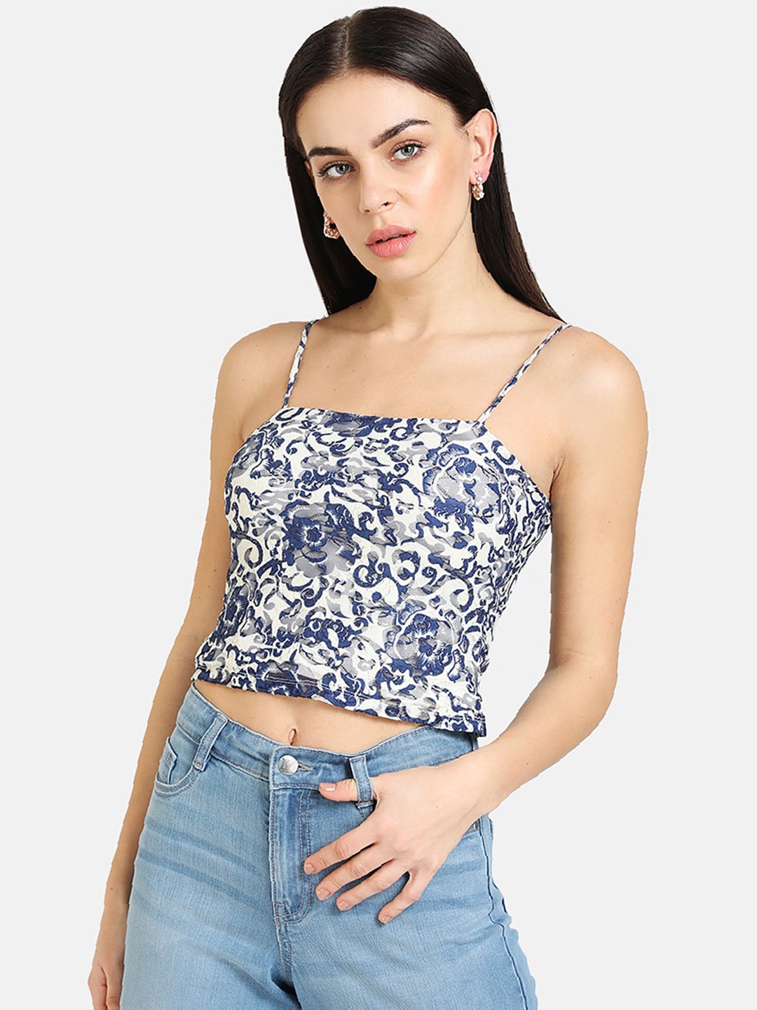 

Kazo Blue & White Floral Printed Lace Fitted top