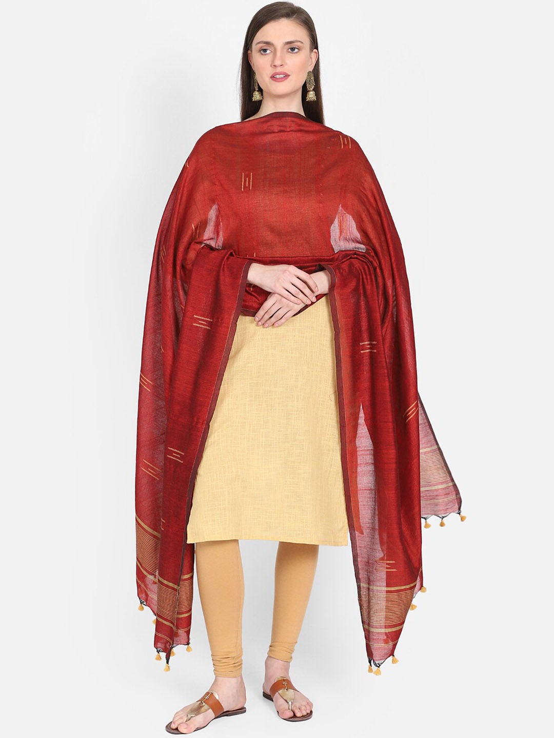 

THE WEAVE TRAVELLER Red & Gold-Toned Hand Woven Design Sustainable Dupatta