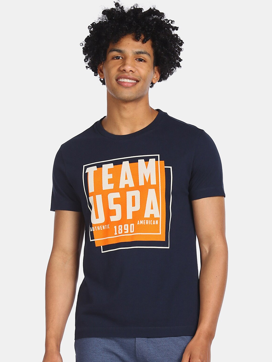 

U.S. Polo Assn. Denim Co. Men Navy Blue Orange Printed Round Neck Cotton Pure Cotton T-shirt