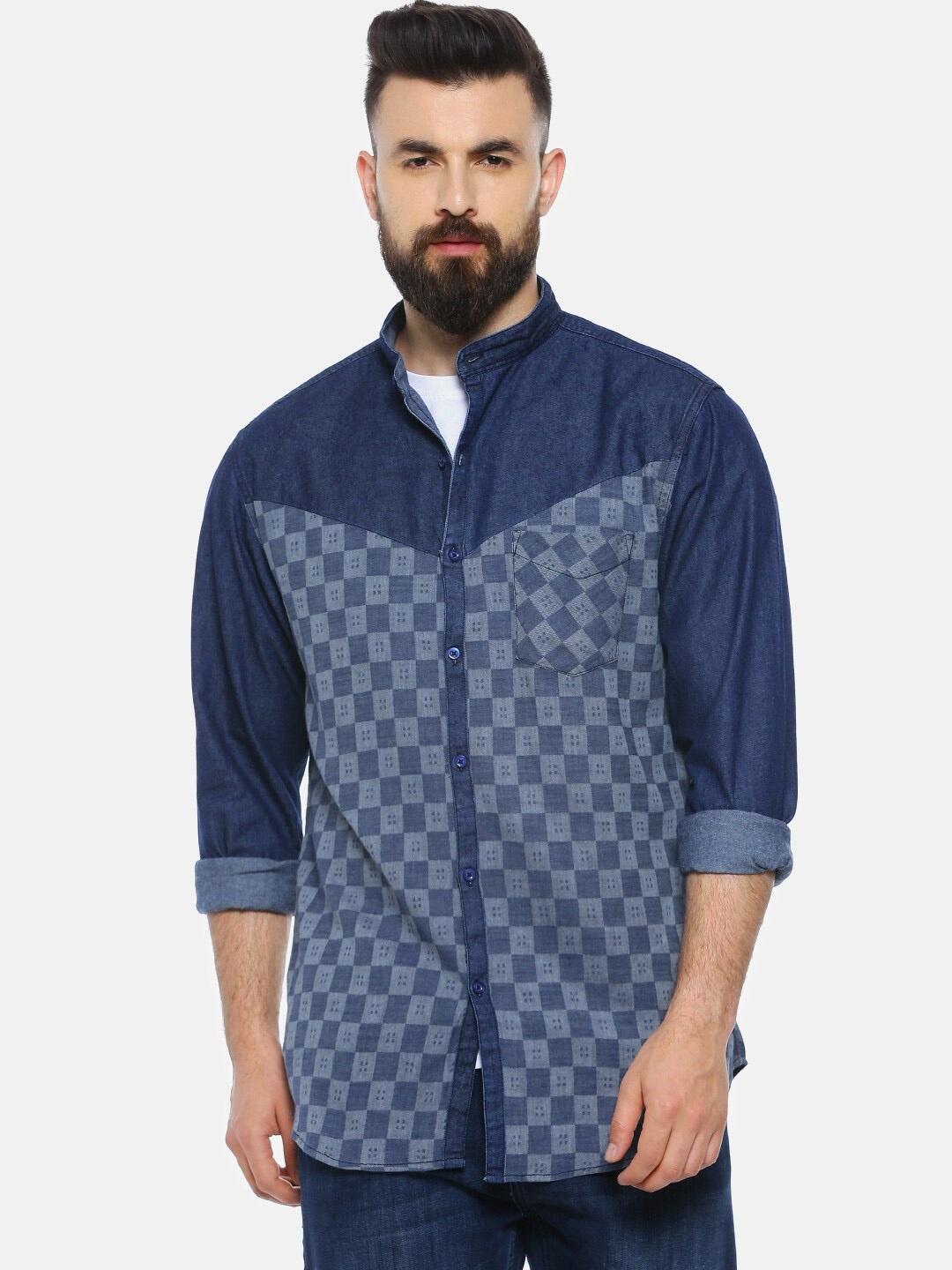

Campus Sutra Men Navy Blue & Grey Regular Fit Checked Casual Shirt