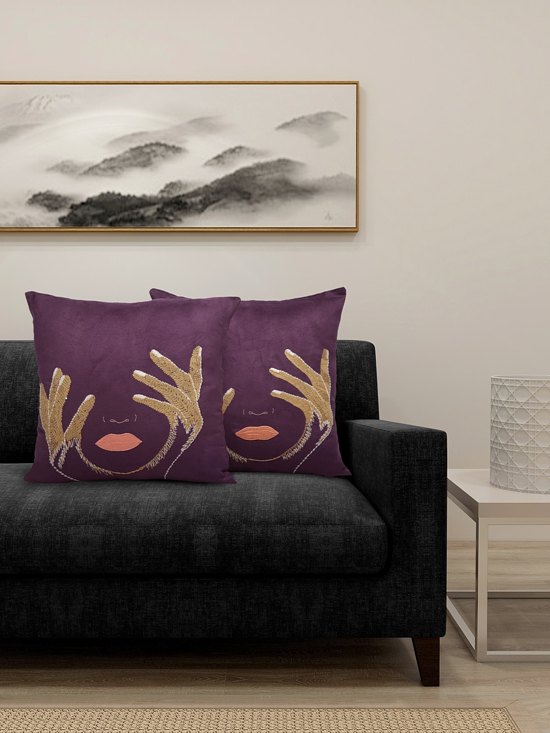

DECOREALM Purple & Beige Set of 2 Embroidered Square Cushion Covers
