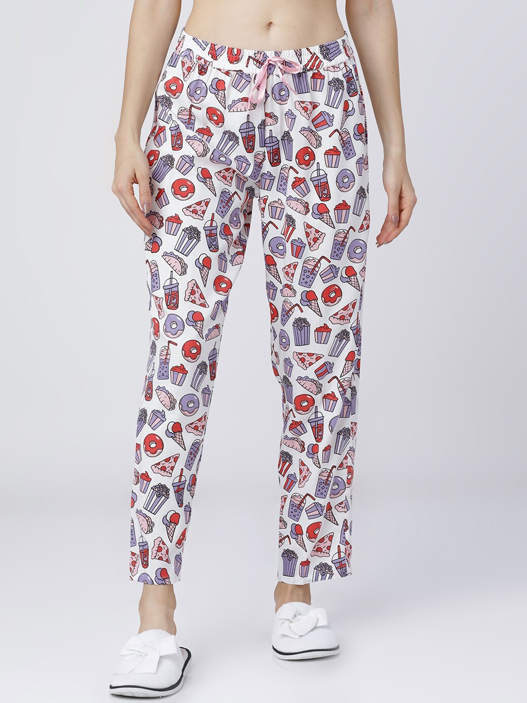 Tokyo Talkies Women White & Purple Printed Lounge Pants