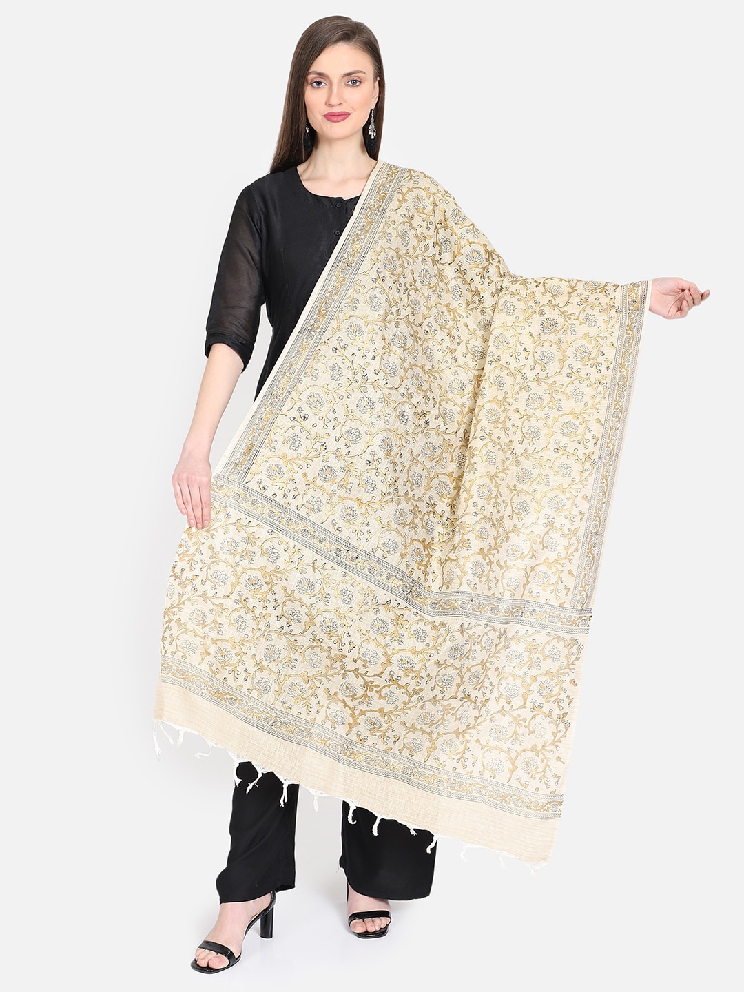 

THE WEAVE TRAVELLER Beige & Gold-Toned Khari Printed Dupatta