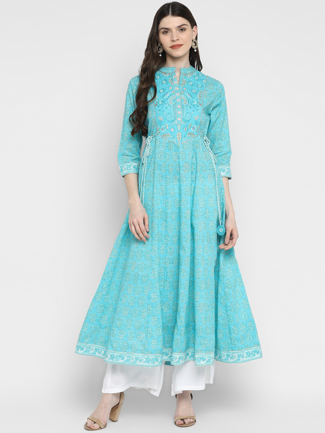 

Vbuyz Women Turquoise Blue Ethnic Motifs Printed Thread Work Kurta