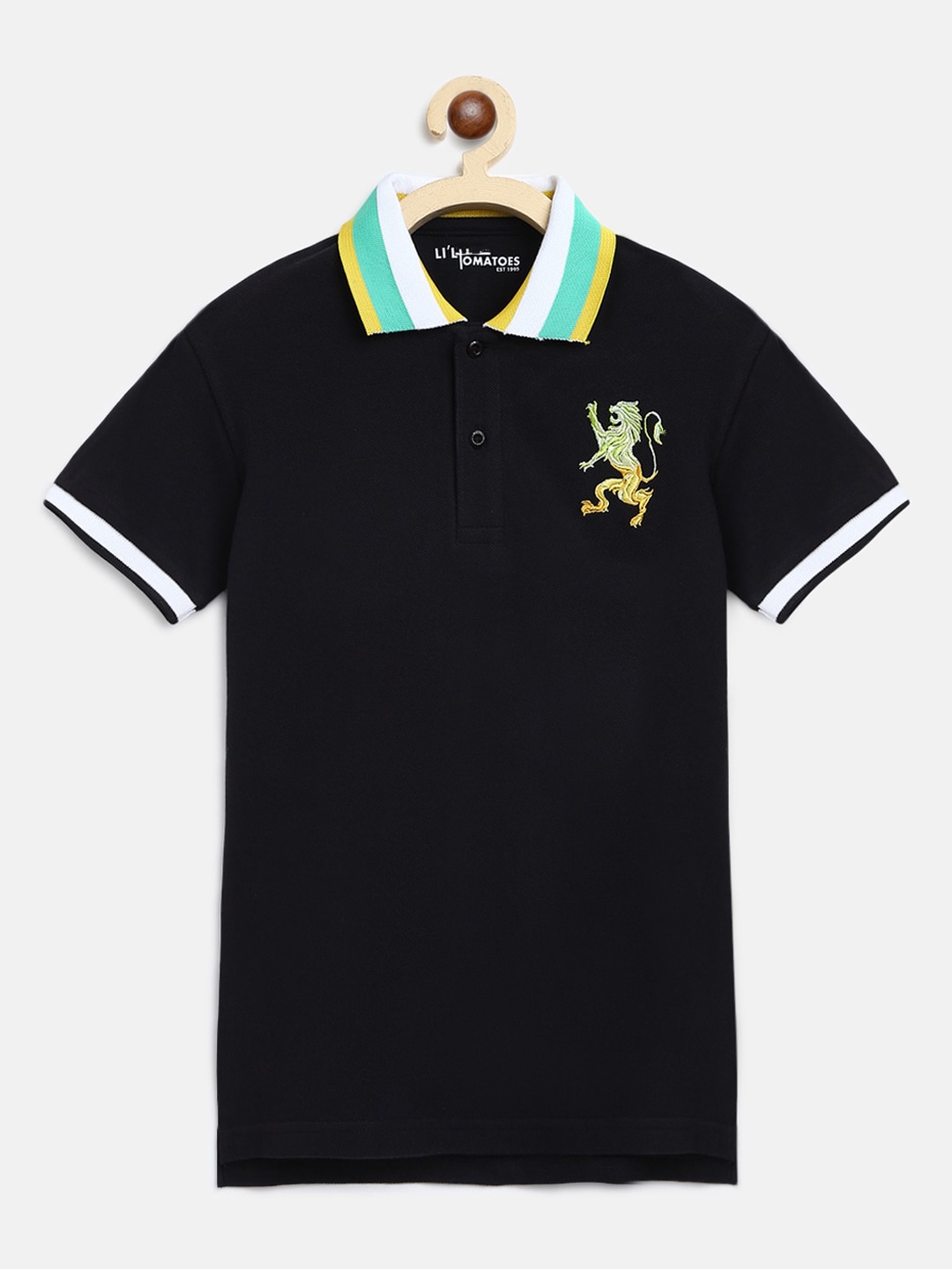

Lil Tomatoes Boys Black Solid Polo Collar T-shirt With A Pen