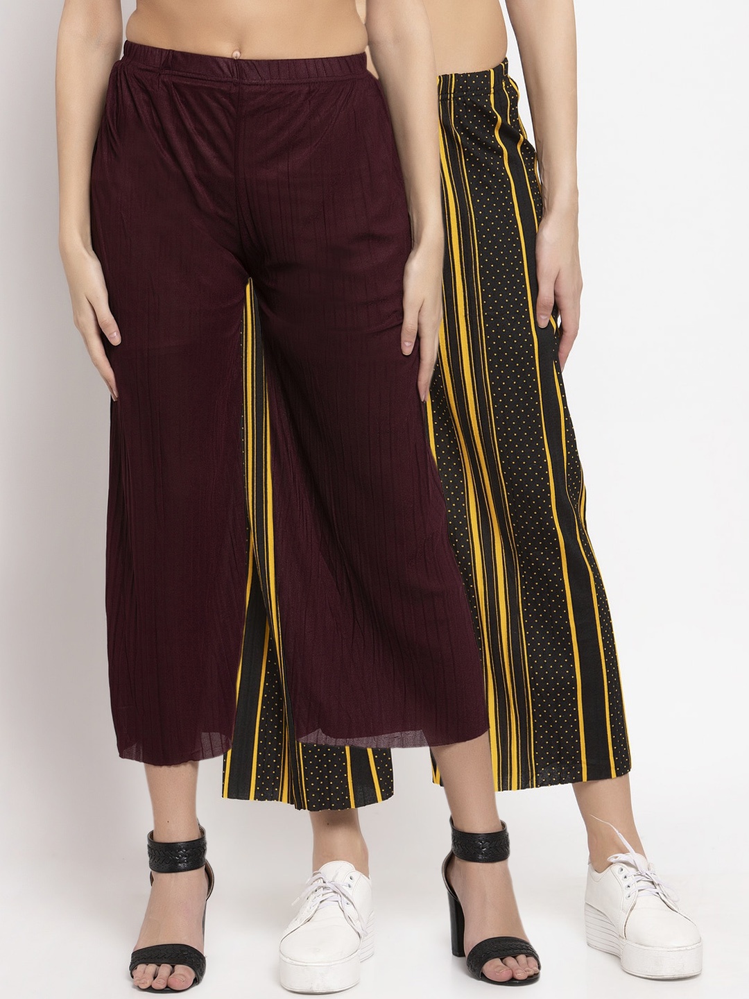

KLOTTHE Women Pack Of 2 Wide Leg Palazzos, Burgundy