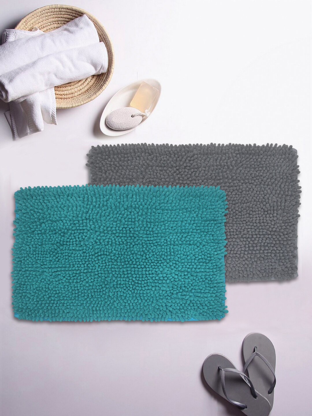 

BIANCA Set Of 2 Mushroom Texture Non-Slip Shaggy Bath Rugs, Teal