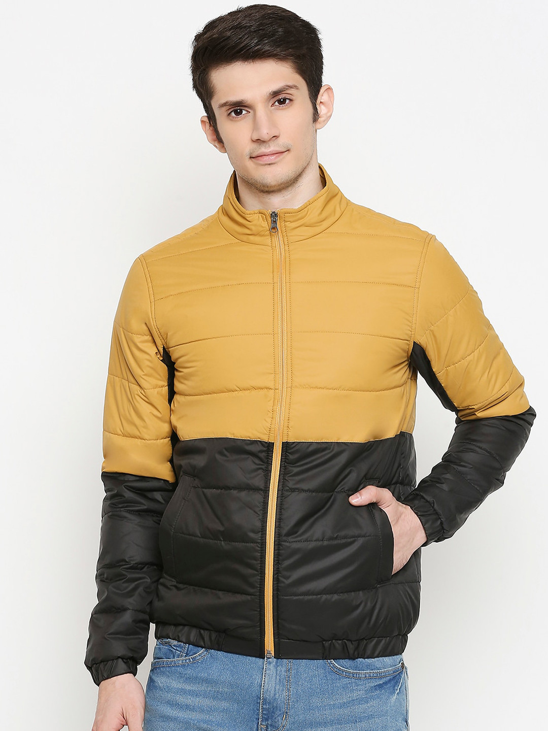 

People Men Yellow & Black Colourblocked Padded Jacket